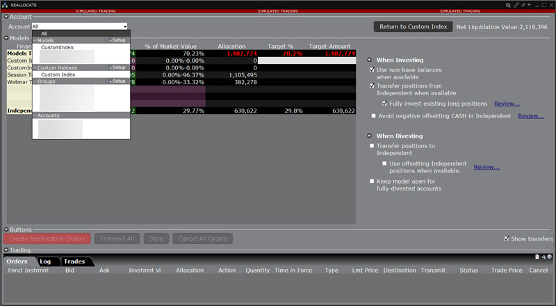 The Invest in Custom Index select account drop-down in classic TWS. 