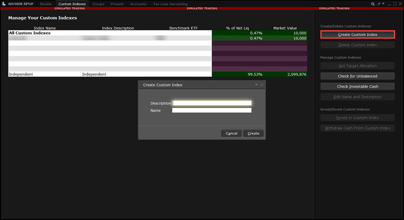 The Create Custom Index window in TWS. 