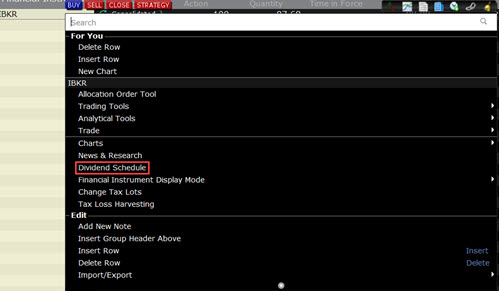 The dividend editor menu in TWS. 