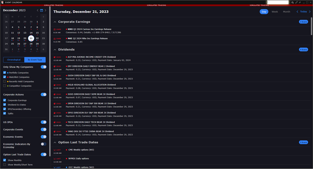 The event calendars window in TWS. 