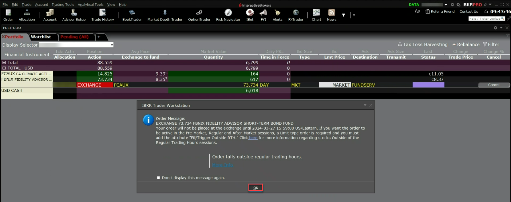 An order message in classic TWS. 