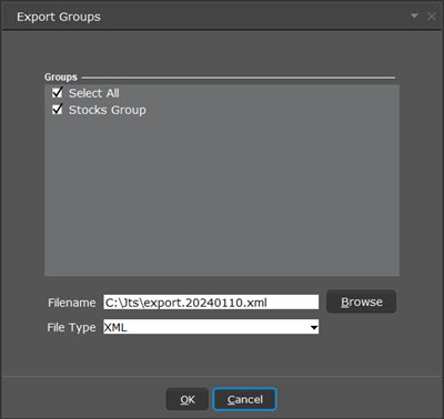The export groups window in TWS. 