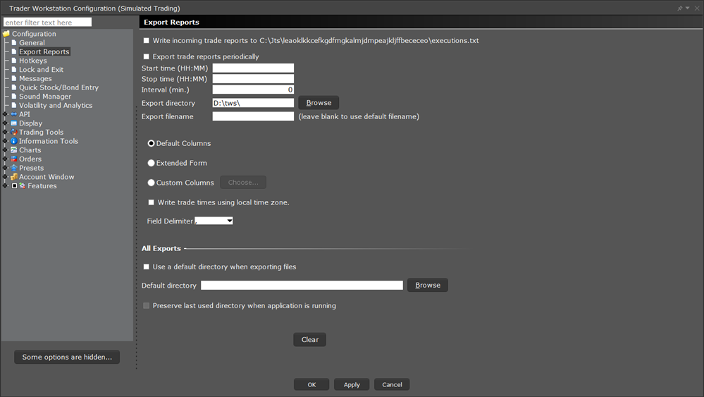 The TWS configuration export trade reports menu. 