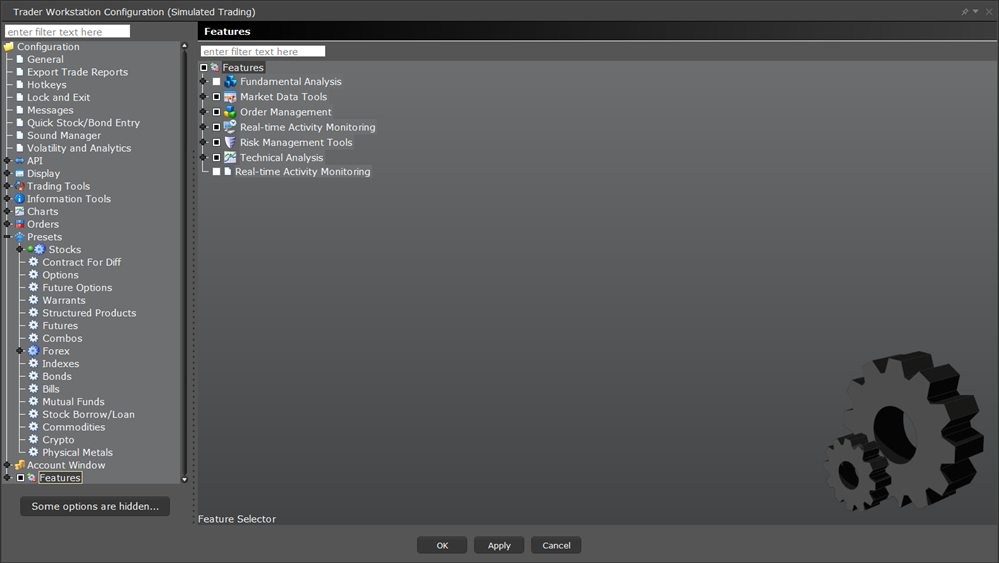 The TWS configuration features menu. 