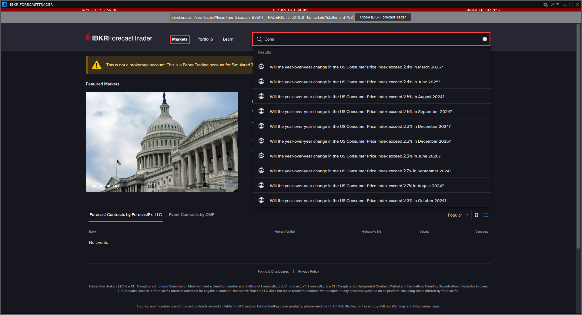The IBKR ForecastTrader window search. 