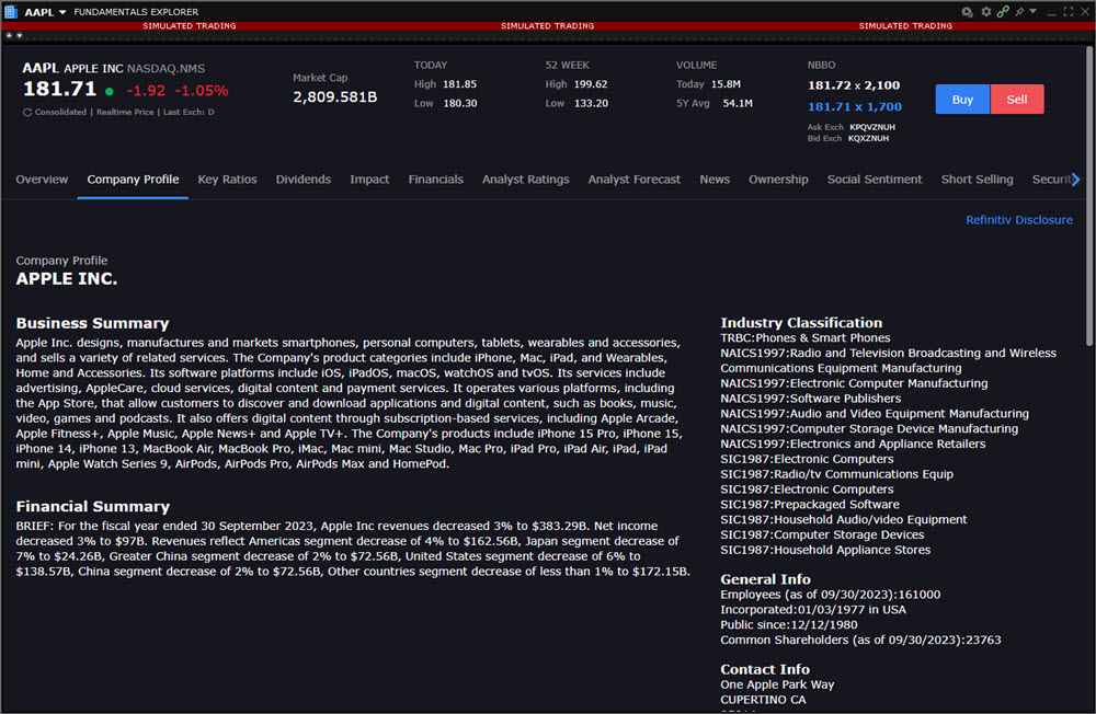 The fundamentals explorer company profile in TWS. 