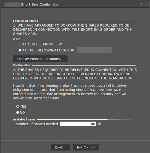 The Short Sale Confirmation box in TWS. 