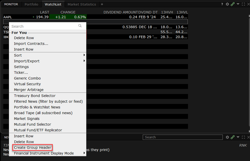 The create a group header button in TWS. 