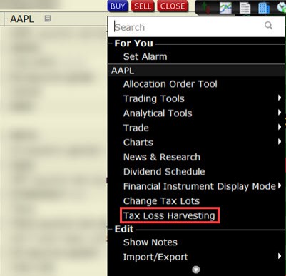 The tax loss harvest menu in classic TWS. 