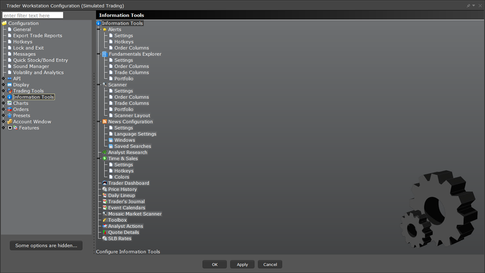 The TWS configuration information tools menu. 