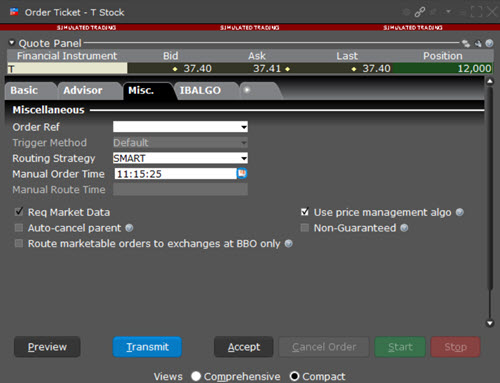 The order ticket misc. tab in classic TWS. 