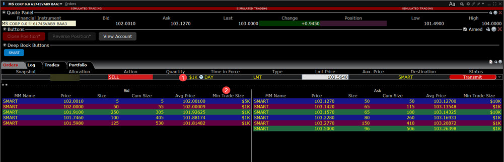 The Market Depth Trader for Bonds window in TWS. 
