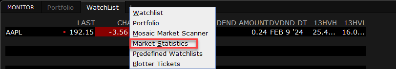 The market statistics menu in TWS. 