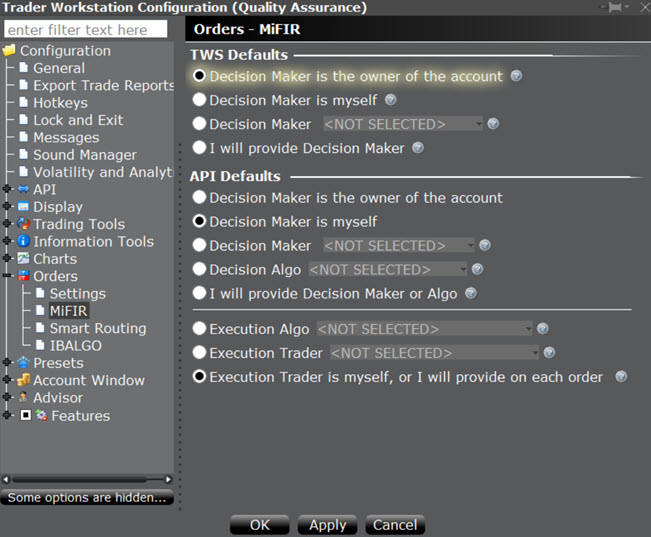 The MiFIR Defaults in Global Configuration in TWS. 