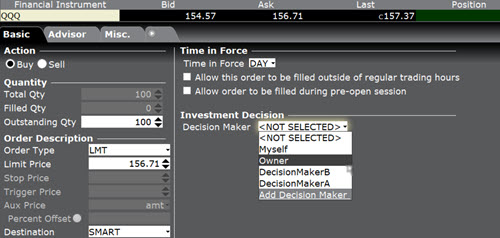 The TWS order ticket investment decision drop-down tab. 