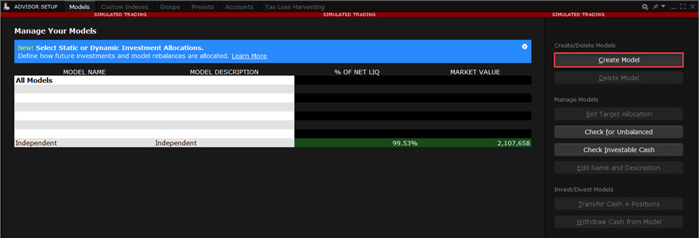 Create a model portfolio menu in TWS. 