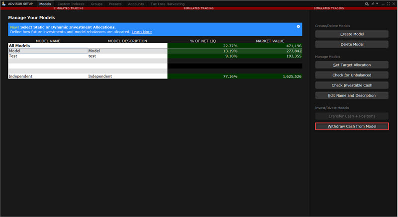 Withdraw cash from a model button in TWS. 
