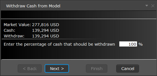 Entering the percentage of cash to withdraw in TWS. 