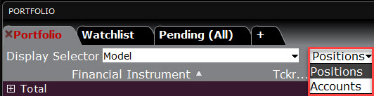The display selector model drop-down menu in TWS. 