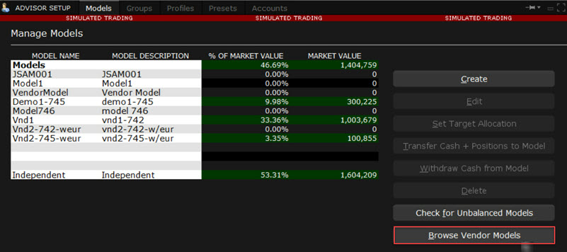 The Browse Vendor Models option in TWS. 