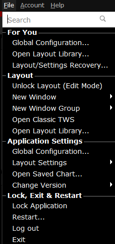 The mosaid file menu in TWS. 