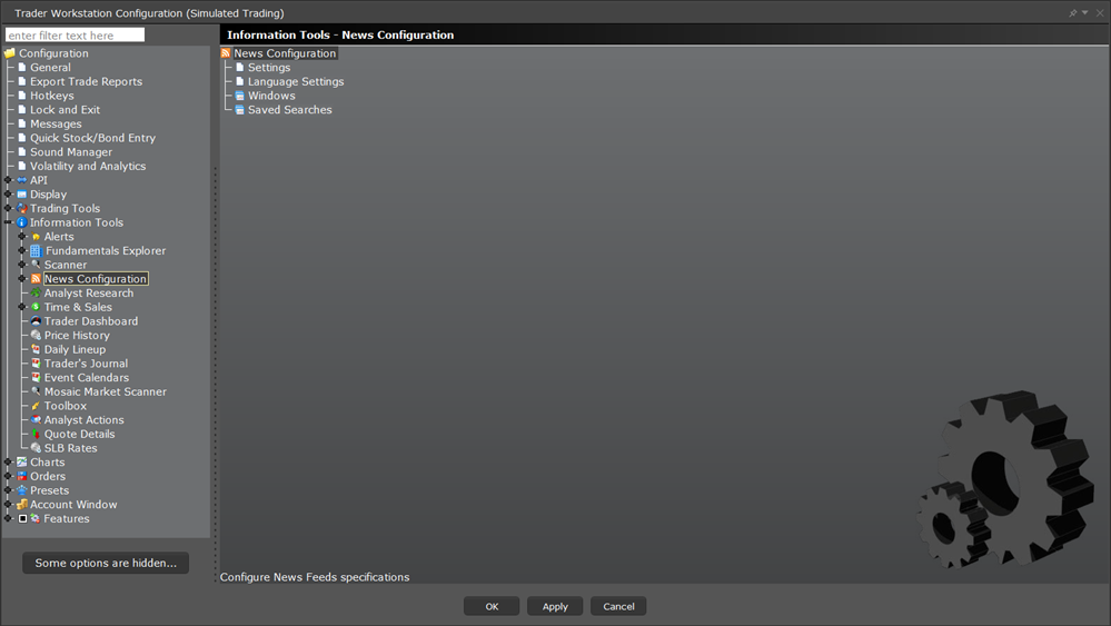 The TWS configuration information tools news configuration menu. 