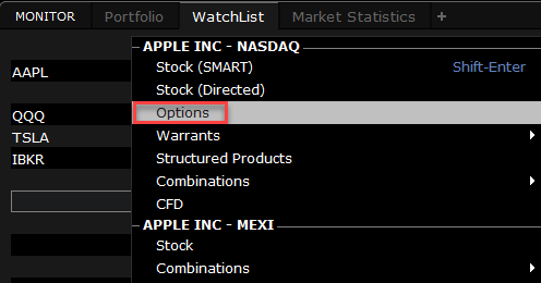 The options watchlist selection in TWS. 