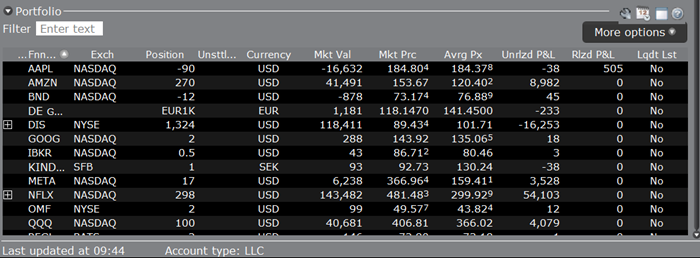 The Portfolio Values window in TWS. 