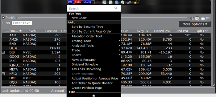 The Right-Click Portfolio Menu in TWS. 
