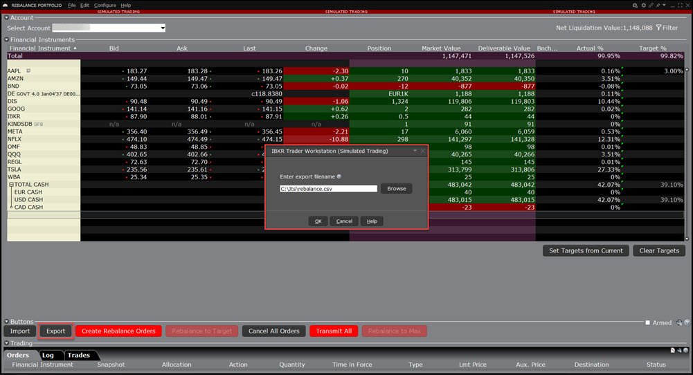 The export positions to rebalance in TWS. 
