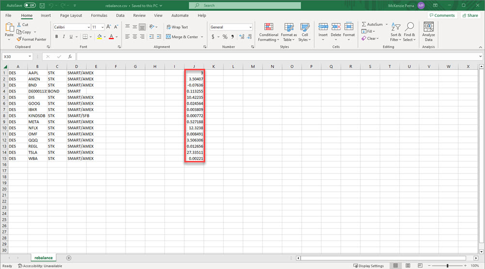 The Rebalance the Positions Percent of NLV from Excel. 