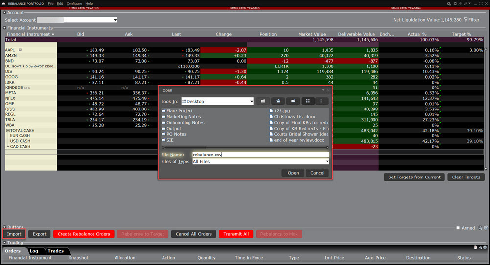 The Import a Rebalance Portfolio in TWS. 