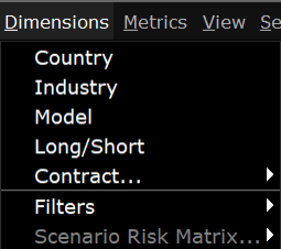 The risk navigator dimensions menu in TWS. 