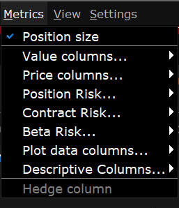The risk navigator metrics menu in TWS. 