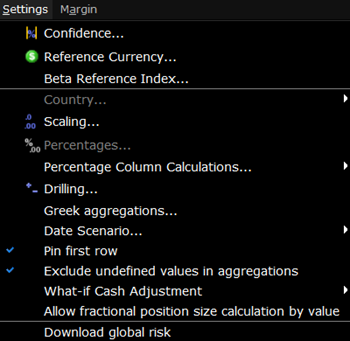 The risk navigator settings menu in TWS. 