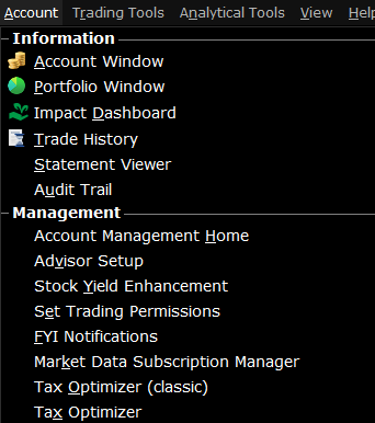 The simplified TWS account menu