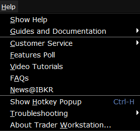 The simplified TWS help menu