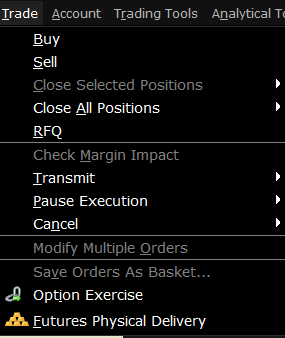 The simplified TWS trade menu