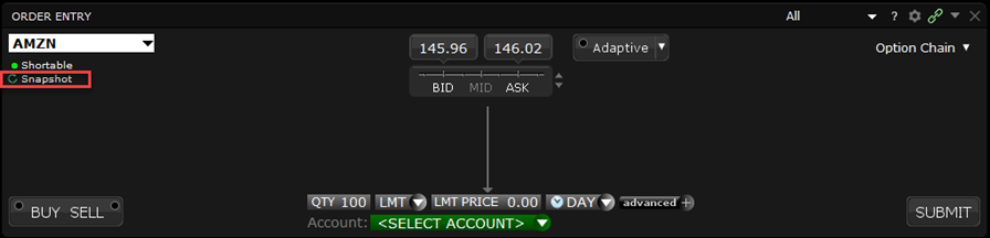 The order entry snapshot menu. 