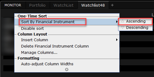 The sort by financial instrument menu in TWS. 