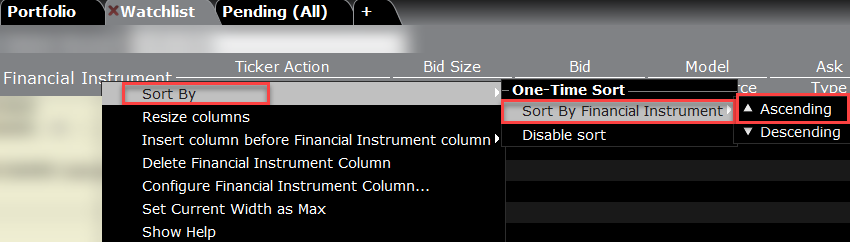 The sort by financial instrument menu in classic TWS. 