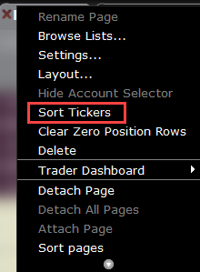 The sort tickets menu in TWS. 