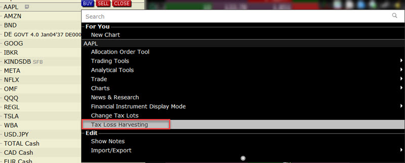 The Tax Loss Harvesting menu in TWS. 