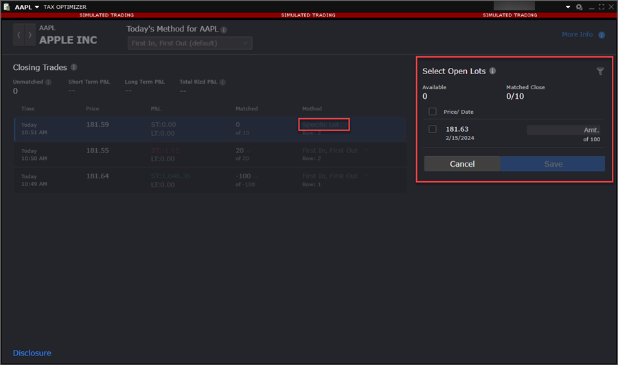 The tax optimizer match details window in TWS. 