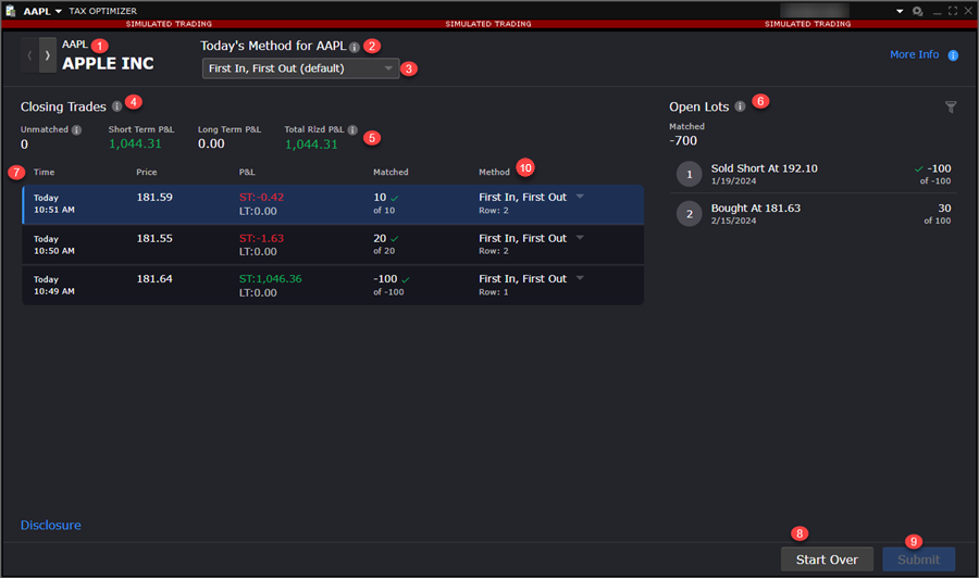 The Tax Optimizer Window details in TWS. 
