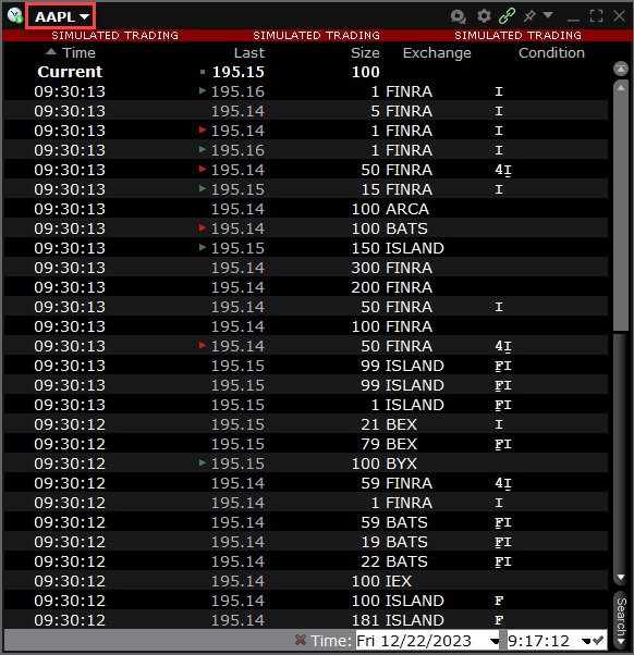 The time & sales window select ticket in TWS. 
