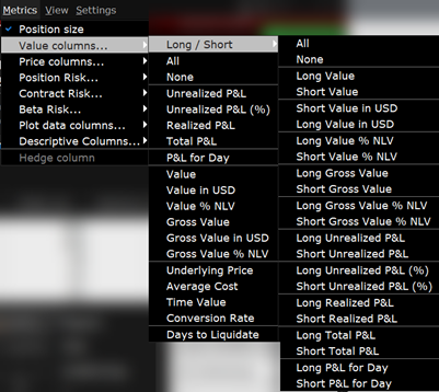The risk measures value related measures menu in TWS. 
