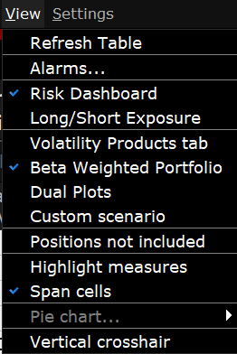 The risk navigator view menu in TWS. 