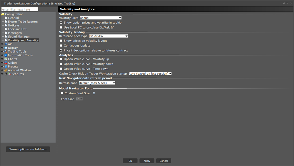 The TWS configuration volatility and analytics menu